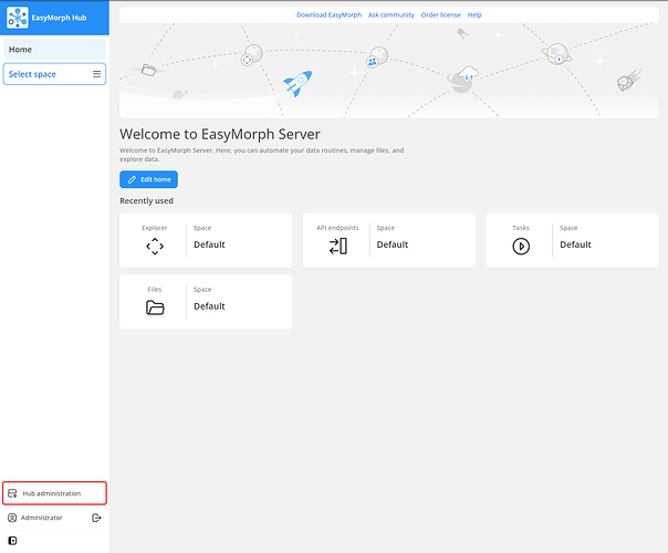 Hub administration link