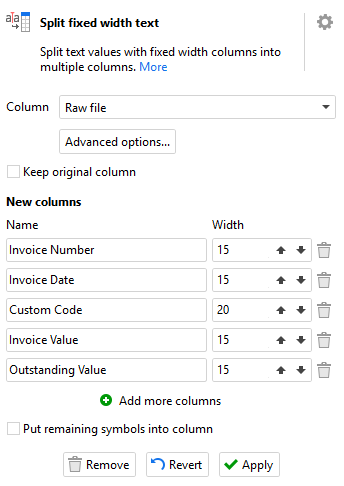 Splitting fixed width tabular data